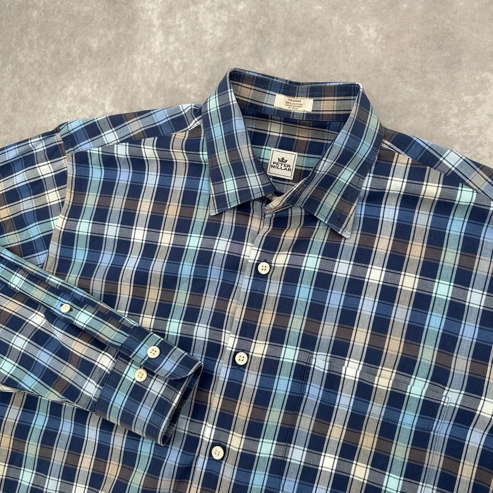 Peter Millar Men's Medium Blue Plaid Long Sleeve Button Down Golf Shirt